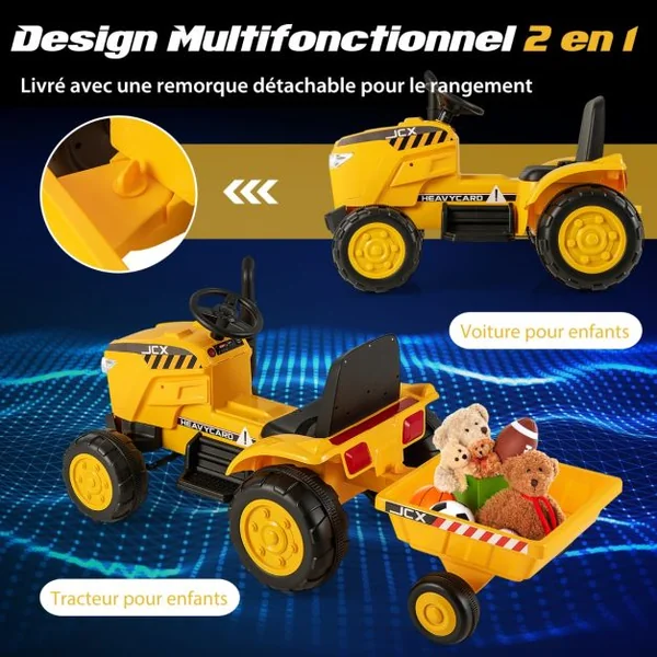 12V Tracteur Électrique Enfant avec Télécommande Voiture Électrique à 6 Pneus 2,5-3,5km/h Charge 30kg pour 3-8 Ans Jaune
