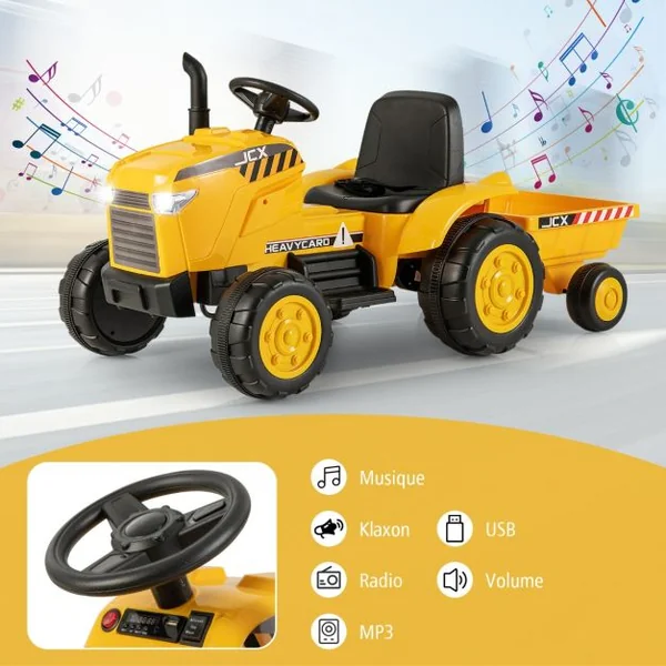 12V Tracteur Électrique Enfant avec Télécommande Voiture Électrique à 6 Pneus 2,5-3,5km/h Charge 30kg pour 3-8 Ans Jaune