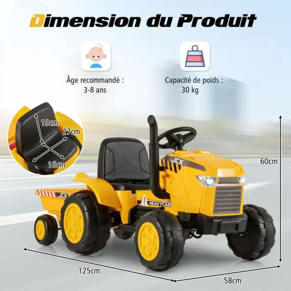 12V Tracteur Électrique Enfant avec Télécommande Voiture Électrique à 6 Pneus 2,5-3,5km/h Charge 30kg pour 3-8 Ans Jaune