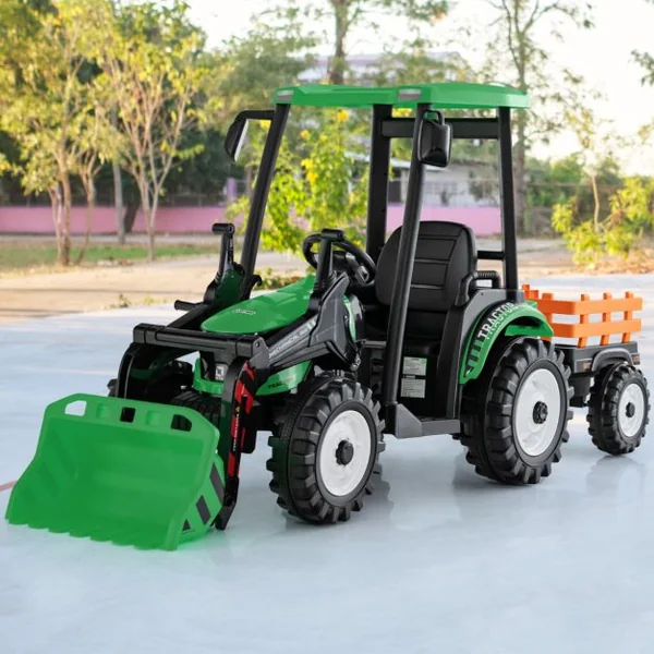 12V Tracteur Électrique Enfants avec Pelle&Remorque Amovible Véhicule Électrique à 6 Roues avec Télécommande & Musique 3-6 km/h pour 3-8 Ans Vert