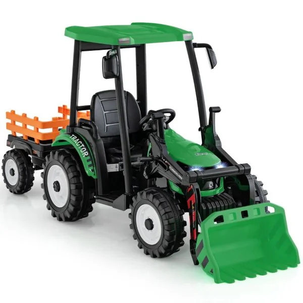 12V Tracteur Électrique Enfants avec Pelle&Remorque Amovible Véhicule Électrique à 6 Roues avec Télécommande & Musique 3-6 km/h pour 3-8 Ans Vert