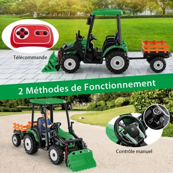 12V Tracteur Électrique Enfants avec Pelle&Remorque Amovible Véhicule Électrique à 6 Roues avec Télécommande & Musique 3-6 km/h pour 3-8 Ans Vert