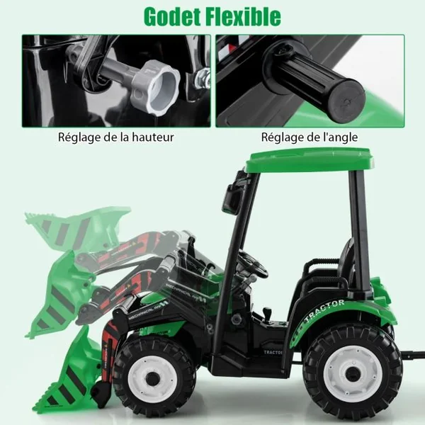 12V Tracteur Électrique Enfants avec Pelle&Remorque Amovible Véhicule Électrique à 6 Roues avec Télécommande & Musique 3-6 km/h pour 3-8 Ans Vert