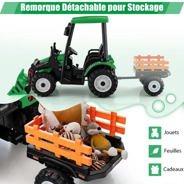 12V Tracteur Électrique Enfants avec Pelle&Remorque Amovible Véhicule Électrique à 6 Roues avec Télécommande & Musique 3-6 km/h pour 3-8 Ans Vert