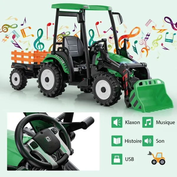 12V Tracteur Électrique Enfants avec Pelle&Remorque Amovible Véhicule Électrique à 6 Roues avec Télécommande & Musique 3-6 km/h pour 3-8 Ans Vert