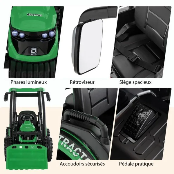 12V Tracteur Électrique Enfants avec Pelle&Remorque Amovible Véhicule Électrique à 6 Roues avec Télécommande & Musique 3-6 km/h pour 3-8 Ans Vert