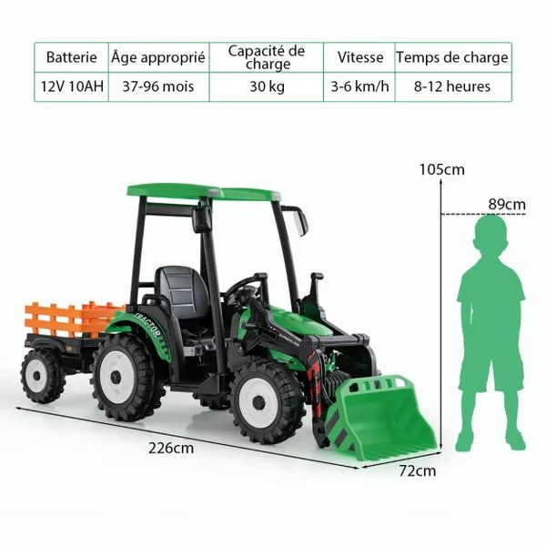 12V Tracteur Électrique Enfants avec Pelle&Remorque Amovible Véhicule Électrique à 6 Roues avec Télécommande & Musique 3-6 km/h pour 3-8 Ans Vert
