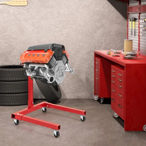 1500LBS Support de Moteur avec Tête Rotative 360° et 4 Bras Réglables Support de Levage de Moteur avec Roulettes Poignée Antidérapante Rouge