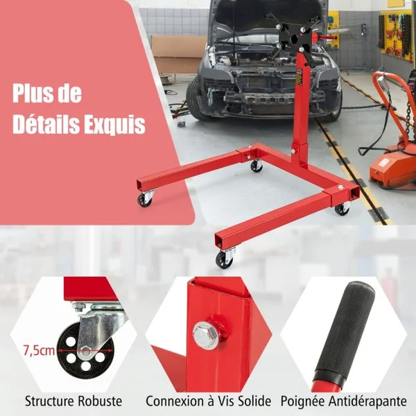 1500LBS Support de Moteur avec Tête Rotative 360° et 4 Bras Réglables Support de Levage de Moteur avec Roulettes Poignée Antidérapante Rouge