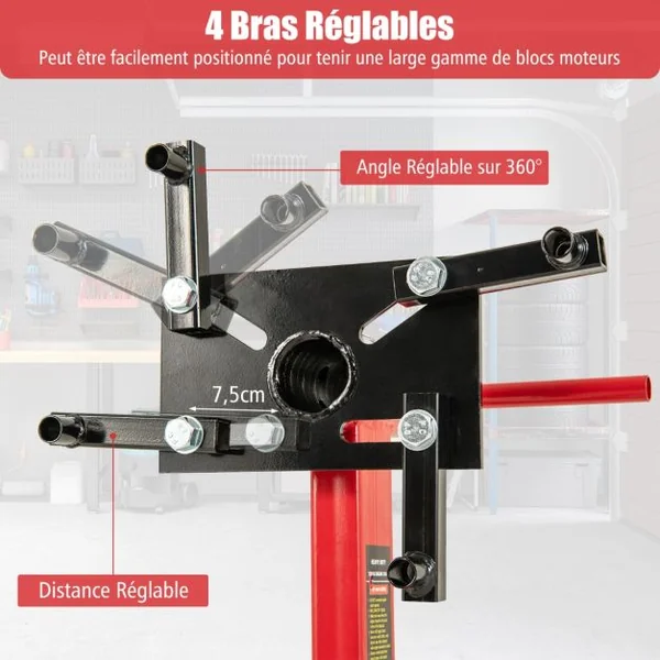 1500LBS Support de Moteur avec Tête Rotative 360° et 4 Bras Réglables Support de Levage de Moteur avec Roulettes Poignée Antidérapante Rouge