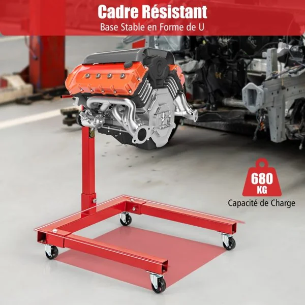 1500LBS Support de Moteur avec Tête Rotative 360° et 4 Bras Réglables Support de Levage de Moteur avec Roulettes Poignée Antidérapante Rouge