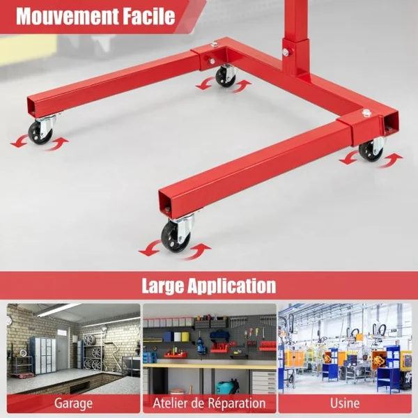 1500LBS Support de Moteur avec Tête Rotative 360° et 4 Bras Réglables Support de Levage de Moteur avec Roulettes Poignée Antidérapante Rouge