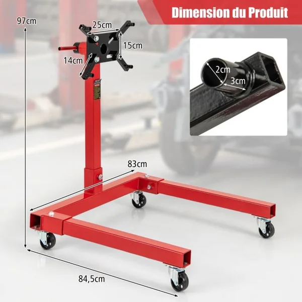 1500LBS Support de Moteur avec Tête Rotative 360° et 4 Bras Réglables Support de Levage de Moteur avec Roulettes Poignée Antidérapante Rouge
