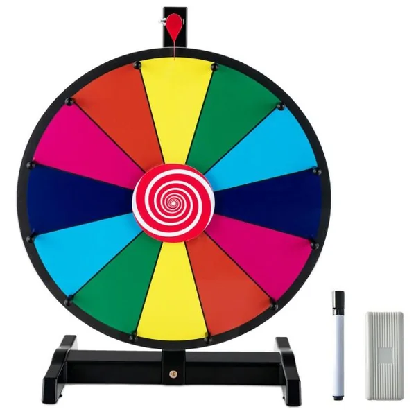 15 Pouces Roue de Fortune Φ 38CM avec 12 Emplacements Roue de Prix avec Stylo Effaçable et Gomme Roue avec Base Stable en Plastiques