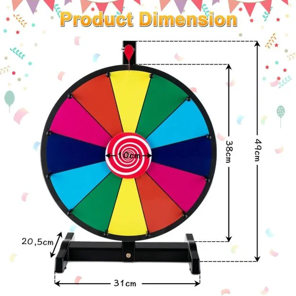 15 Pouces Roue de Fortune Φ 38CM avec 12 Emplacements Roue de Prix avec Stylo Effaçable et Gomme Roue avec Base Stable en Plastiques