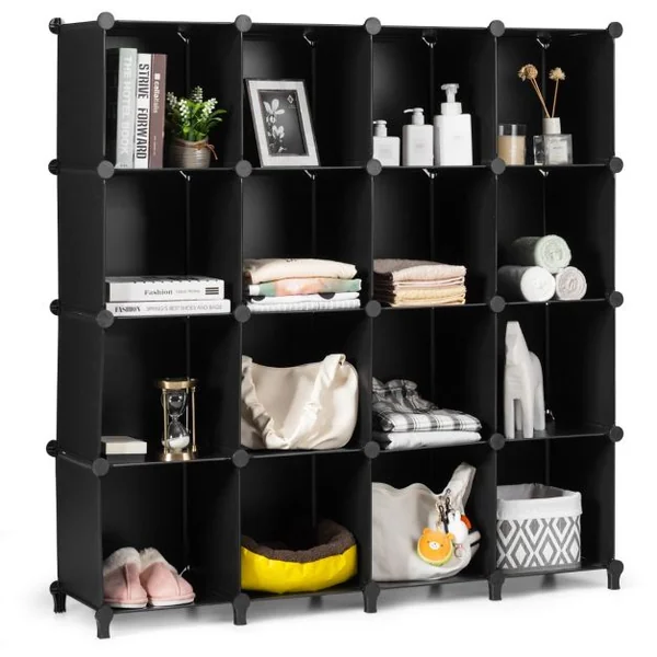 16 Cubes Armoire de Chambre Rangement avec Connecteurs ABS et Marteau Métallique Armoire Portable DIY Semi-transparent Noir
