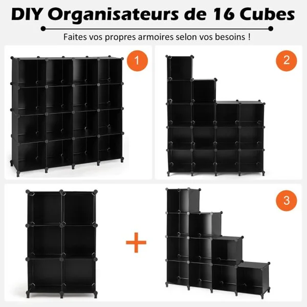 16 Cubes Armoire de Chambre Rangement avec Connecteurs ABS et Marteau Métallique Armoire Portable DIY Semi-transparent Noir