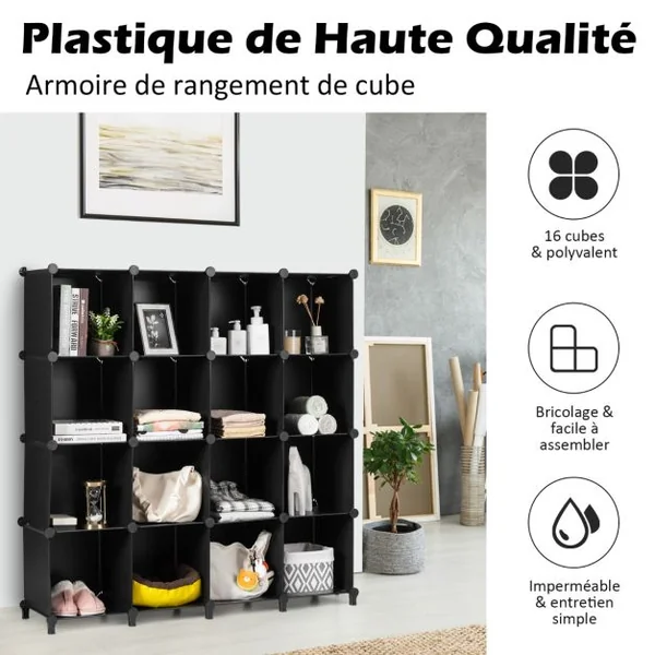 16 Cubes Armoire de Chambre Rangement avec Connecteurs ABS et Marteau Métallique Armoire Portable DIY Semi-transparent Noir