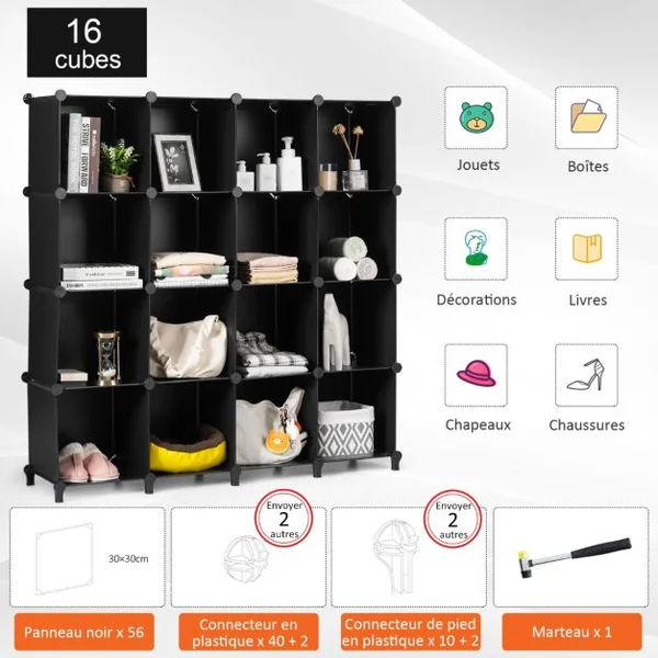 16 Cubes Armoire de Chambre Rangement avec Connecteurs ABS et Marteau Métallique Armoire Portable DIY Semi-transparent Noir