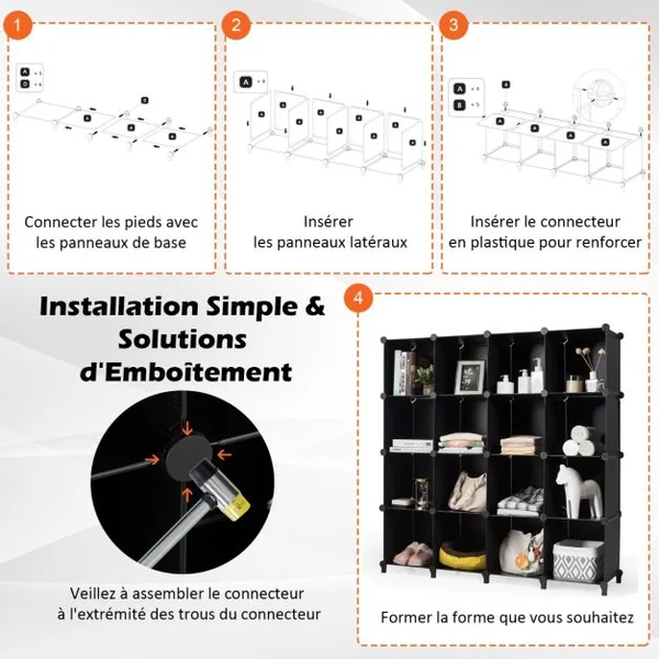 16 Cubes Armoire de Chambre Rangement avec Connecteurs ABS et Marteau Métallique Armoire Portable DIY Semi-transparent Noir