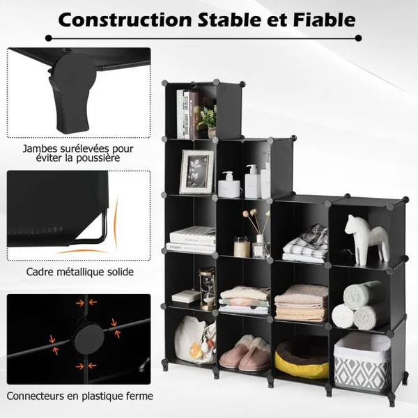 16 Cubes Armoire de Chambre Rangement avec Connecteurs ABS et Marteau Métallique Armoire Portable DIY Semi-transparent Noir