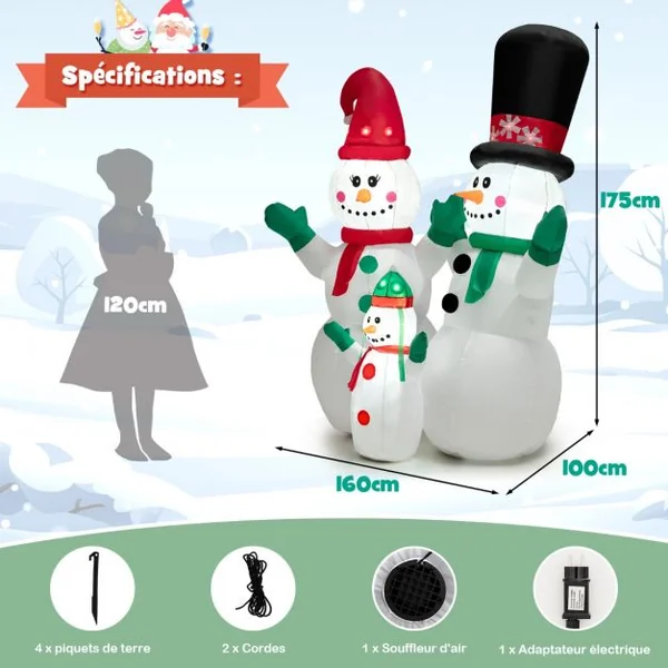 175 cm Bonhommes Neige Noël Gonflable Décorations Gonflables de Noël avec Lumières LED et Gonfleur pour Extérieur/Intérieur
