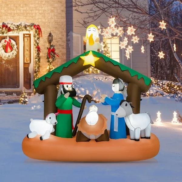180 CM Décoration Gonflable de Noël Scène de la Naissance de Jésus avec 7 Lumières LED Intégrées