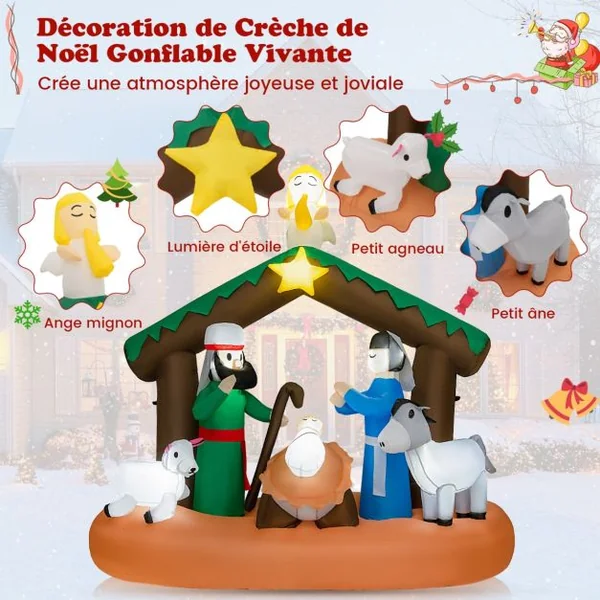 180 CM Décoration Gonflable de Noël Scène de la Naissance de Jésus avec 7 Lumières LED Intégrées