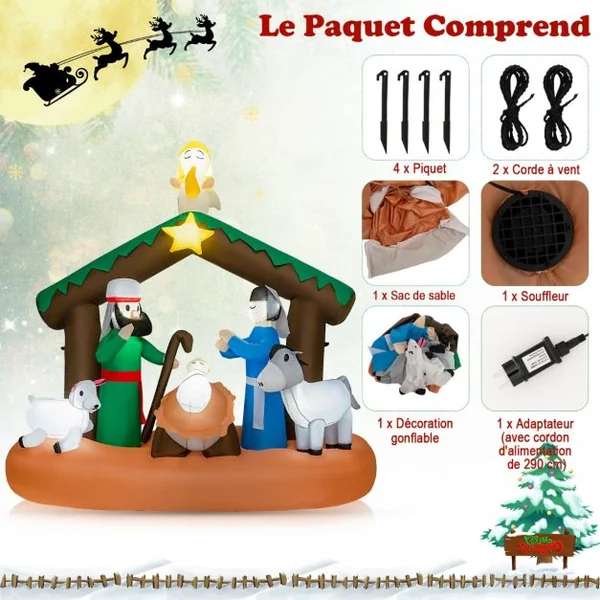 180 CM Décoration Gonflable de Noël Scène de la Naissance de Jésus avec 7 Lumières LED Intégrées
