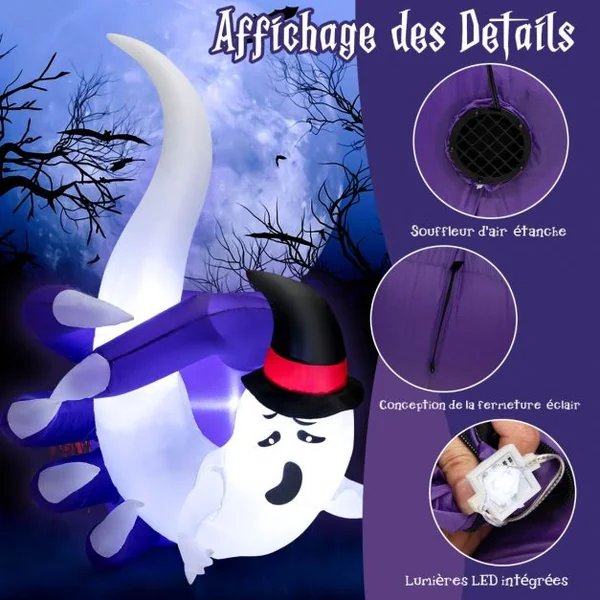 180CM Fantôme Gonflable d'Halloween Décoration Blanc Fantôme Attrapé dans La Main avec Lumières LED pour Intérieur/Extérieur