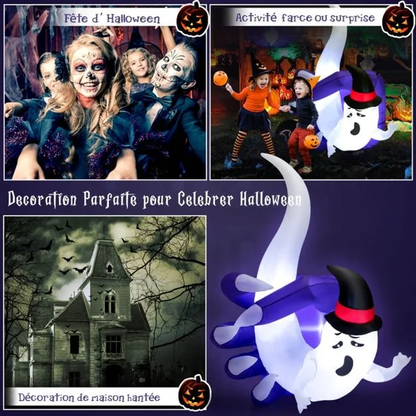 180CM Fantôme Gonflable d'Halloween Décoration Blanc Fantôme Attrapé dans La Main avec Lumières LED pour Intérieur/Extérieur