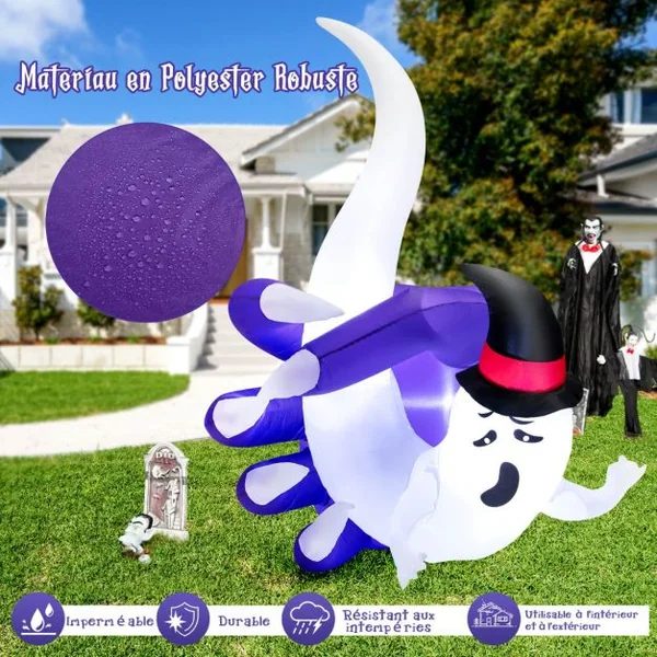 180CM Fantôme Gonflable d'Halloween Décoration Blanc Fantôme Attrapé dans La Main avec Lumières LED pour Intérieur/Extérieur
