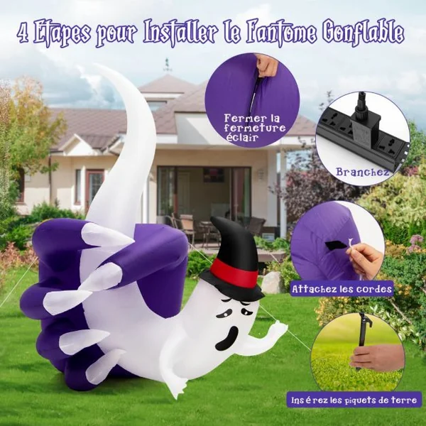 180CM Fantôme Gonflable d'Halloween Décoration Blanc Fantôme Attrapé dans La Main avec Lumières LED pour Intérieur/Extérieur