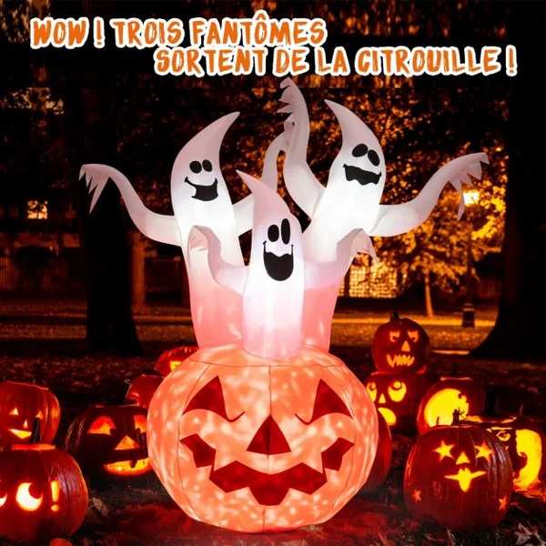1,82 M Décoration Gonflable d’Halloween 3 Fantômes avec Citrouille avec Lumières Rotatives Colorées et Souffleur Intégré