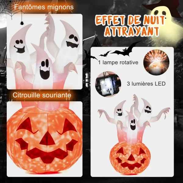 1,82 M Décoration Gonflable d’Halloween 3 Fantômes avec Citrouille avec Lumières Rotatives Colorées et Souffleur Intégré