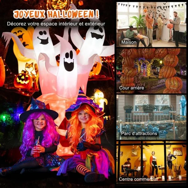 1,82 M Décoration Gonflable d’Halloween 3 Fantômes avec Citrouille avec Lumières Rotatives Colorées et Souffleur Intégré