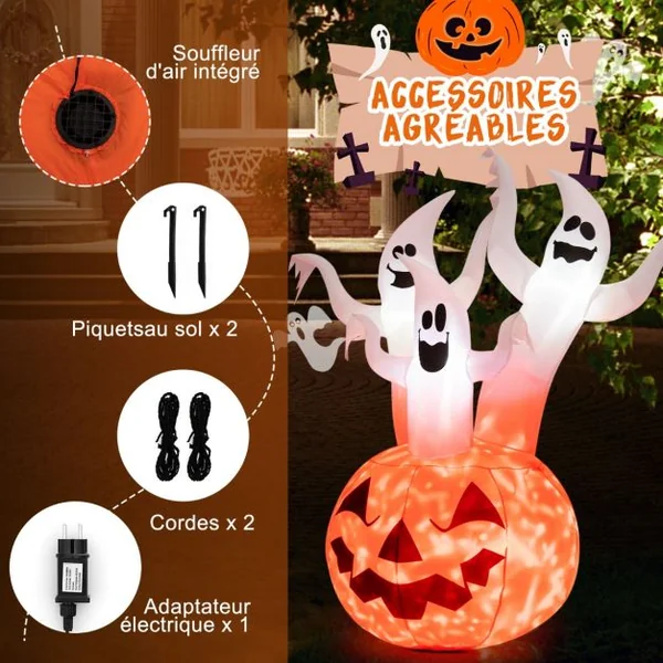 1,82 M Décoration Gonflable d’Halloween 3 Fantômes avec Citrouille avec Lumières Rotatives Colorées et Souffleur Intégré