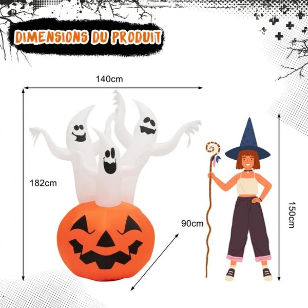 1,82 M Décoration Gonflable d’Halloween 3 Fantômes avec Citrouille avec Lumières Rotatives Colorées et Souffleur Intégré