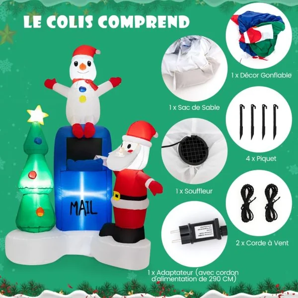 185CM Décoration Gonflable Noël - Père Noël Sapin de Noël, Bonhomme de Neige Boîte aux lettres - Lumières LED Sac de Sable