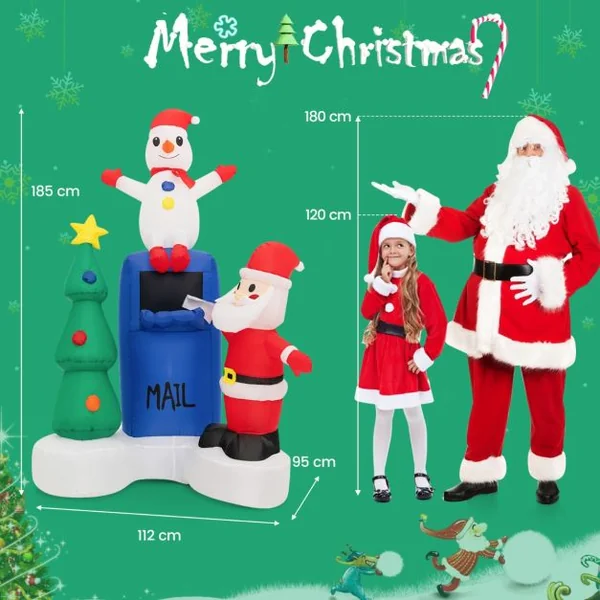 185CM Décoration Gonflable Noël - Père Noël Sapin de Noël, Bonhomme de Neige Boîte aux lettres - Lumières LED Sac de Sable