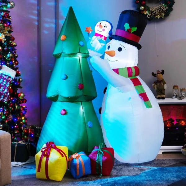 1,8 M Décoration de Noël Gonflable Sapin de Noël Gonflable avec 2 Bonhommes de Neige Lumières LED et Gonfleur Puissant