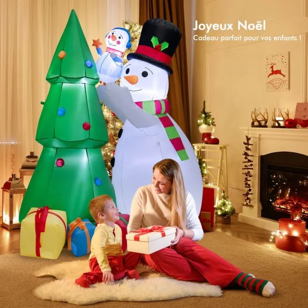 1,8 M Décoration de Noël Gonflable Sapin de Noël Gonflable avec 2 Bonhommes de Neige Lumières LED et Gonfleur Puissant