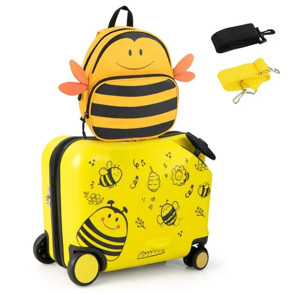18”Valise à Roulettes Enfants avec 12”Sac à Dos Bagages à Main avec Poignée Rétractable Modèle d'Abeille pour 3 Ans+ Jaune/Bleu/Noir/Rose/Noir+Jaune/Bleu Foncé/Rose+Noir