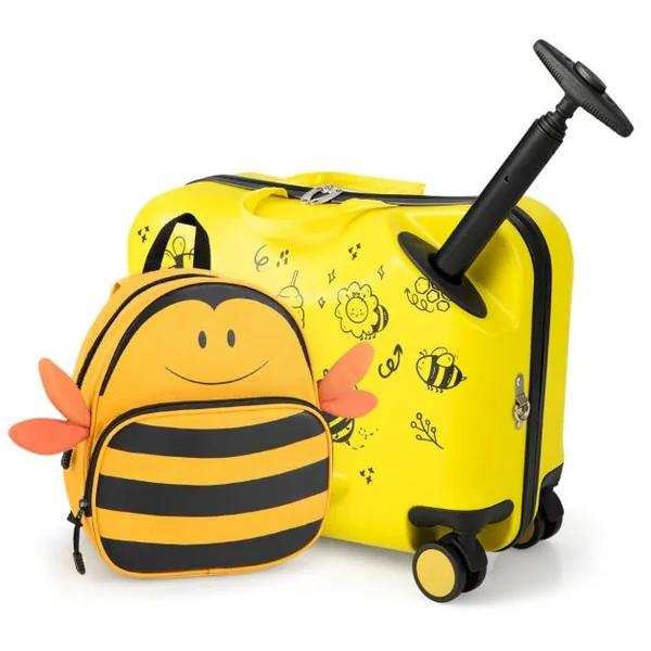 18”Valise à Roulettes Enfants avec 12”Sac à Dos Bagages à Main avec Poignée Rétractable Modèle d'Abeille pour 3 Ans+ Jaune/Bleu/Noir/Rose/Noir+Jaune/Bleu Foncé/Rose+Noir
