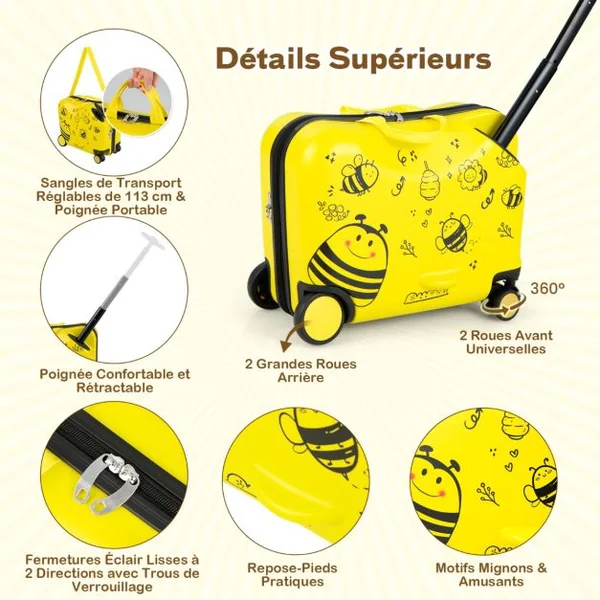 18”Valise à Roulettes Enfants avec 12”Sac à Dos Bagages à Main avec Poignée Rétractable Modèle d'Abeille pour 3 Ans+ Jaune/Bleu/Noir/Rose/Noir+Jaune/Bleu Foncé/Rose+Noir