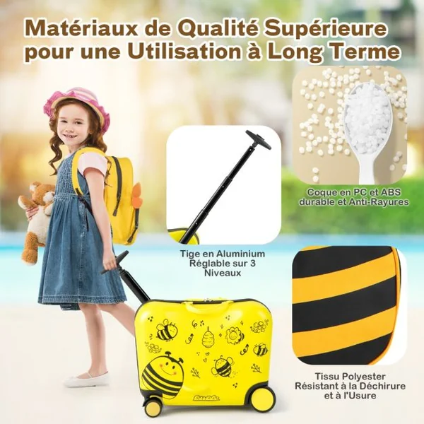 18”Valise à Roulettes Enfants avec 12”Sac à Dos Bagages à Main avec Poignée Rétractable Modèle d'Abeille pour 3 Ans+ Jaune/Bleu/Noir/Rose/Noir+Jaune/Bleu Foncé/Rose+Noir