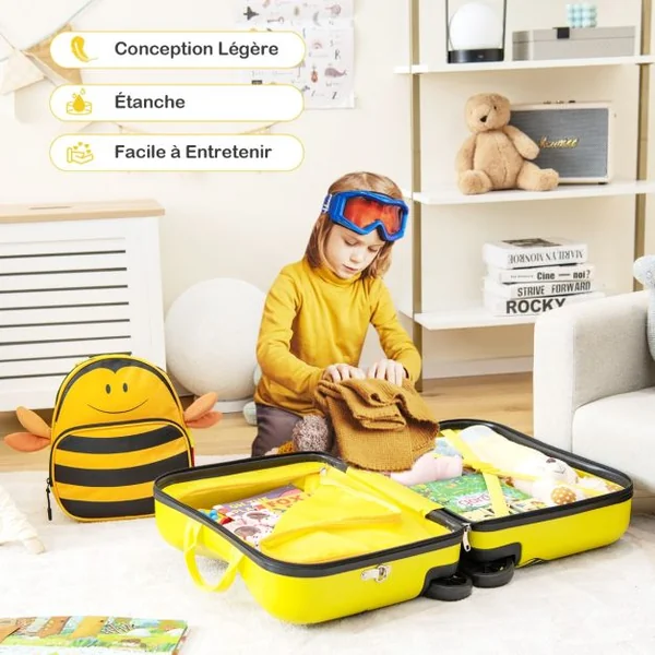 18”Valise à Roulettes Enfants avec 12”Sac à Dos Bagages à Main avec Poignée Rétractable Modèle d'Abeille pour 3 Ans+ Jaune/Bleu/Noir/Rose/Noir+Jaune/Bleu Foncé/Rose+Noir
