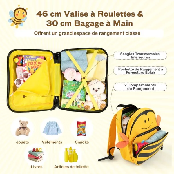 18”Valise à Roulettes Enfants avec 12”Sac à Dos Bagages à Main avec Poignée Rétractable Modèle d'Abeille pour 3 Ans+ Jaune/Bleu/Noir/Rose/Noir+Jaune/Bleu Foncé/Rose+Noir