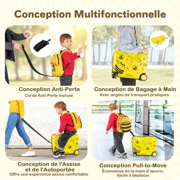 18”Valise à Roulettes Enfants avec 12”Sac à Dos Bagages à Main avec Poignée Rétractable Modèle d'Abeille pour 3 Ans+ Jaune/Bleu/Noir/Rose/Noir+Jaune/Bleu Foncé/Rose+Noir