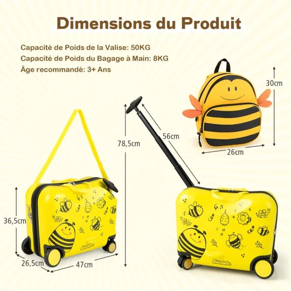 18”Valise à Roulettes Enfants avec 12”Sac à Dos Bagages à Main avec Poignée Rétractable Modèle d'Abeille pour 3 Ans+ Jaune/Bleu/Noir/Rose/Noir+Jaune/Bleu Foncé/Rose+Noir